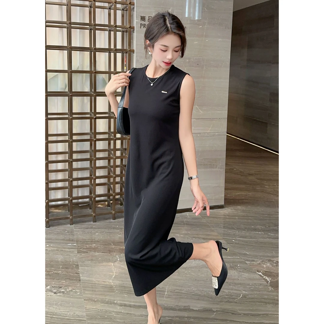 春秋新款时尚气质百搭遮肉显瘦女士宽肩带背心连衣裙—829款