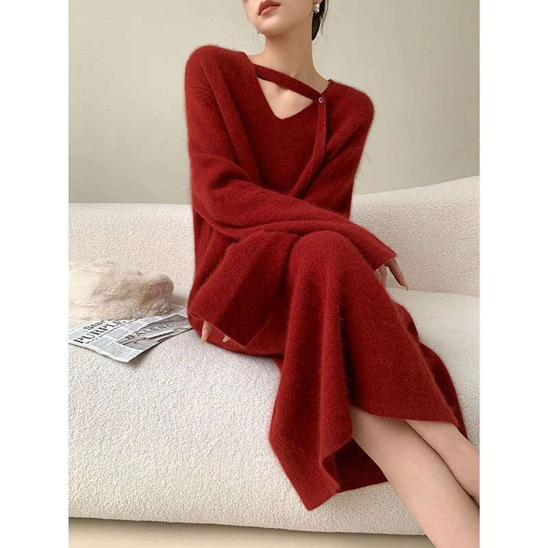 长款慵懒风毛衣裙女宽松过膝2023秋冬新款韩版时尚打底针织衫裙子