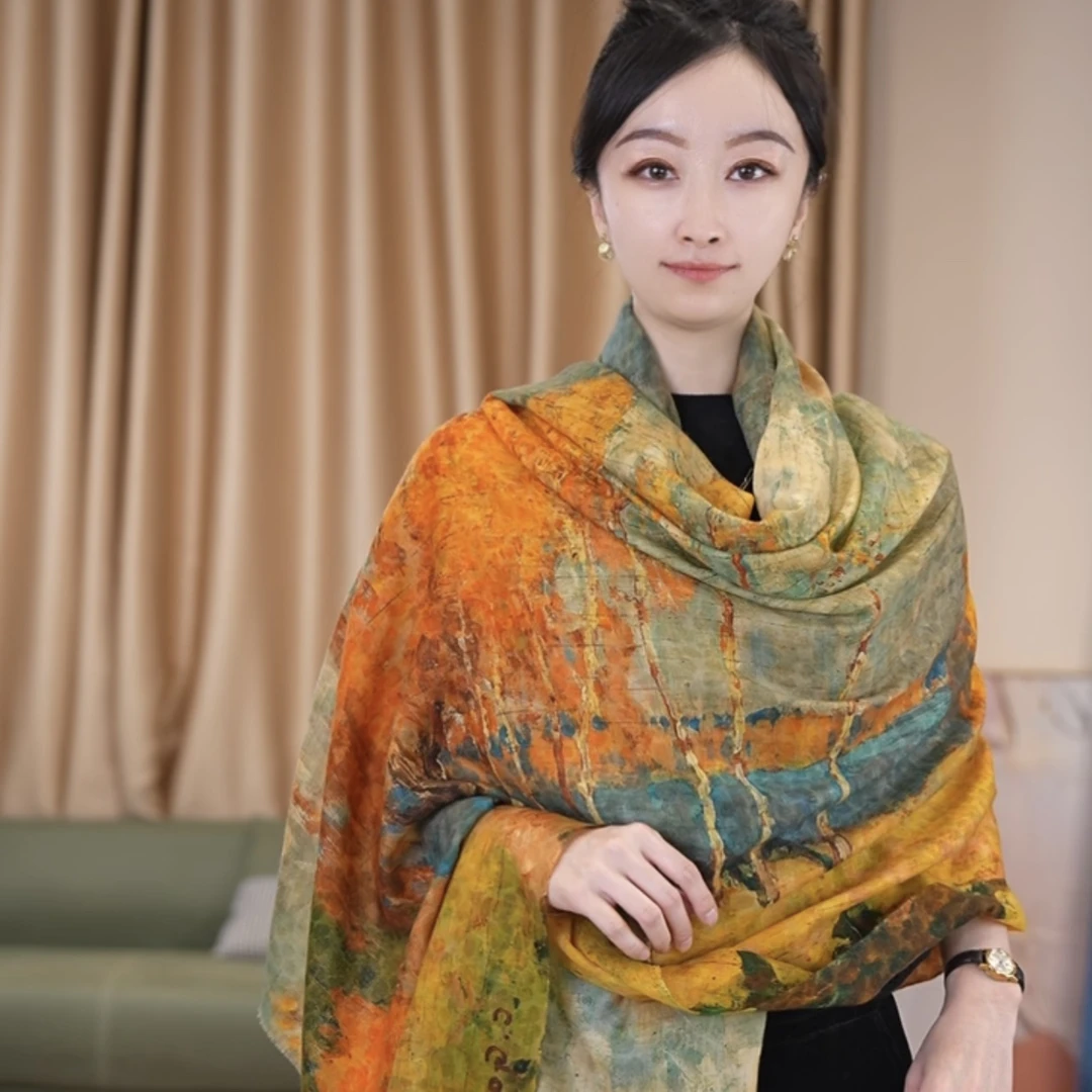 100纯山羊绒薄款围巾胡杨林气质时尚春秋戒指绒高档空调房披肩女