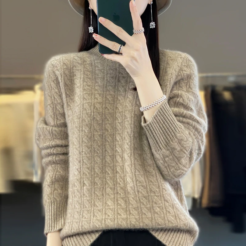 重磅加厚、新款羊绒衫半高领绞花宽松百搭纯色打底针织毛衣女093