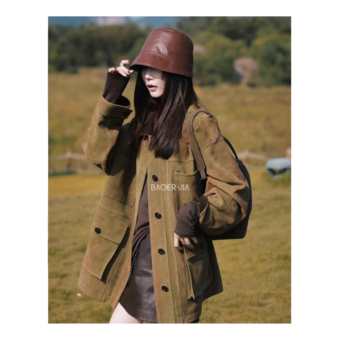 88-宝儿家含幂BA82824308秋季穿搭新款鹿纹肌理图案羊皮翻领外套