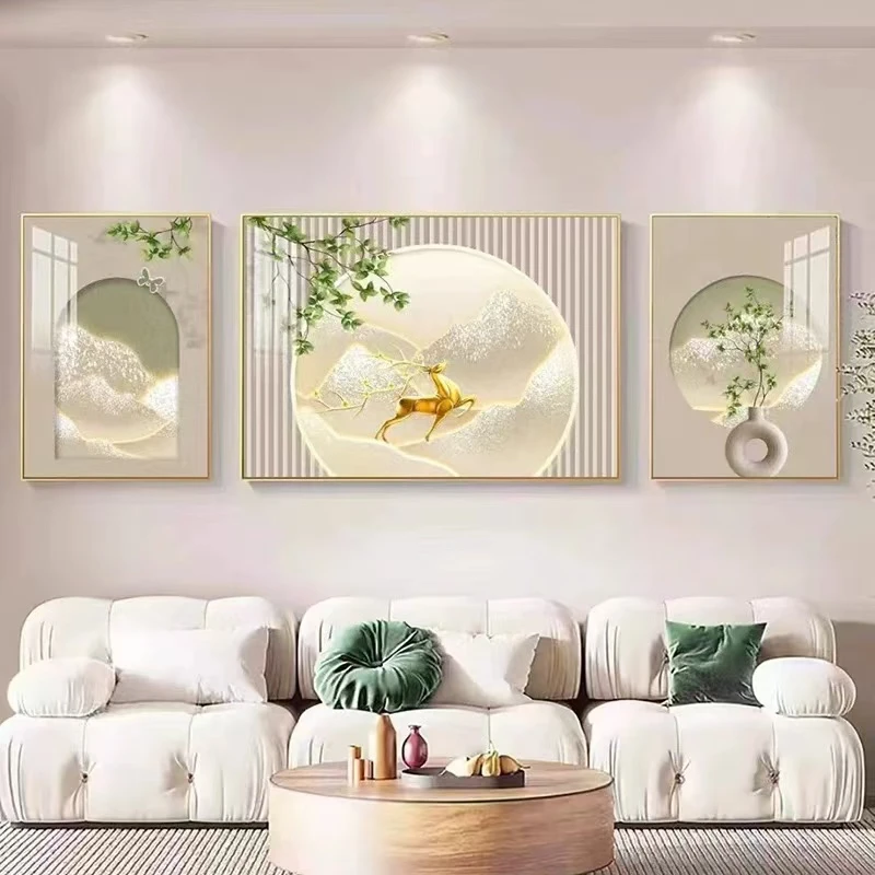 腾景空间【轻奢奶油绿植】2025新款客厅装饰画挂画沙发三联画晶瓷画
