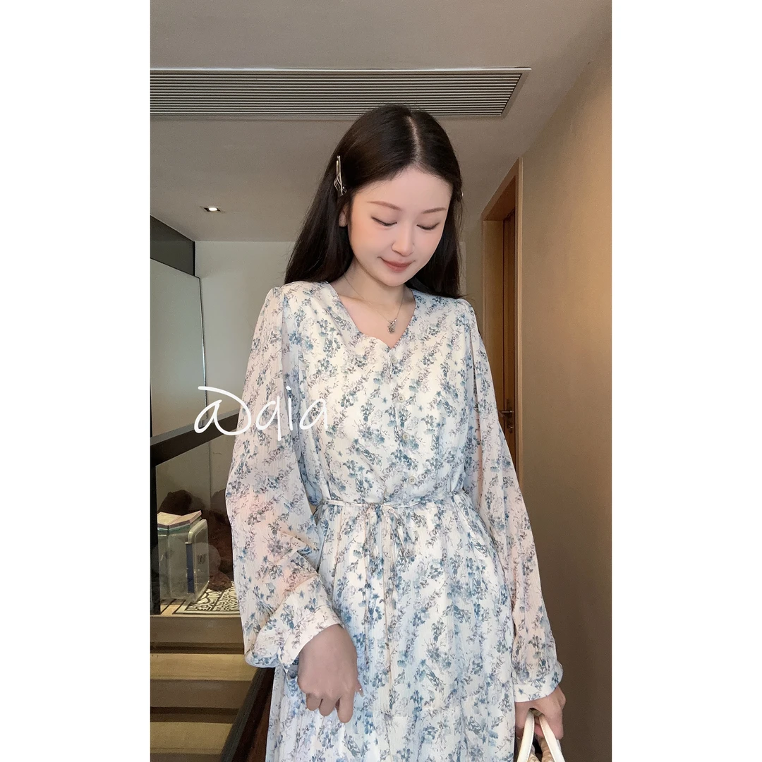 姜恰恰—【露台茉莉】气质长袖时尚法式显瘦长款碎花女装连衣裙