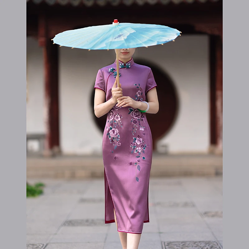 徐永良52712醋酸绣花中国风旗袍紫色气质优雅手工花扣妈妈装婚礼
