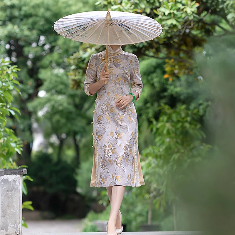 【断码】徐永良52990秋冬织锦缎手工旗袍全开襟改良绣花中国风