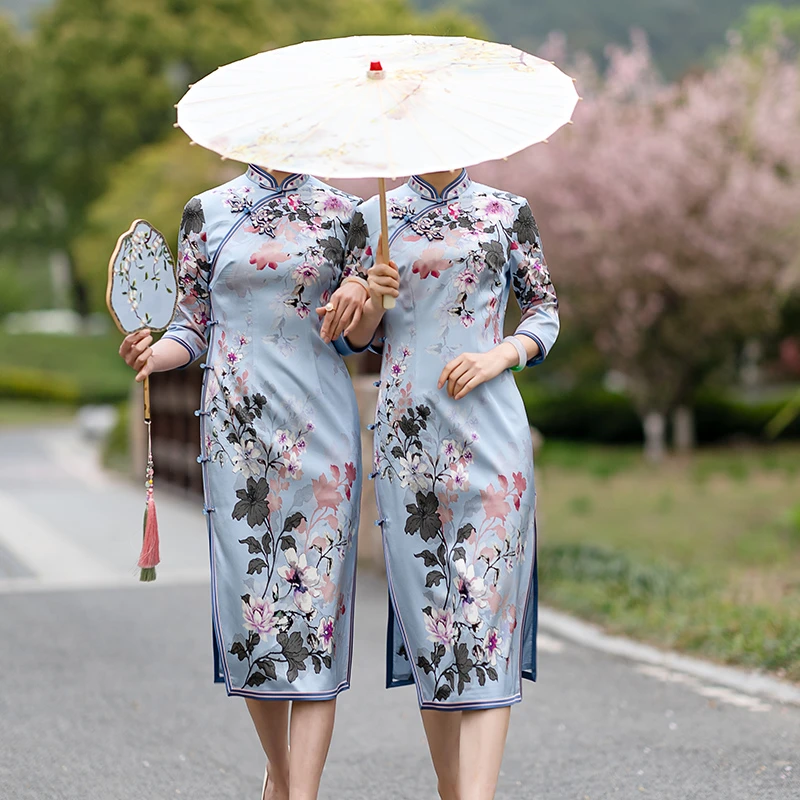 徐永良 53695 桑蚕丝旗袍气质全开襟中国风印花七分袖高档旗袍裙
