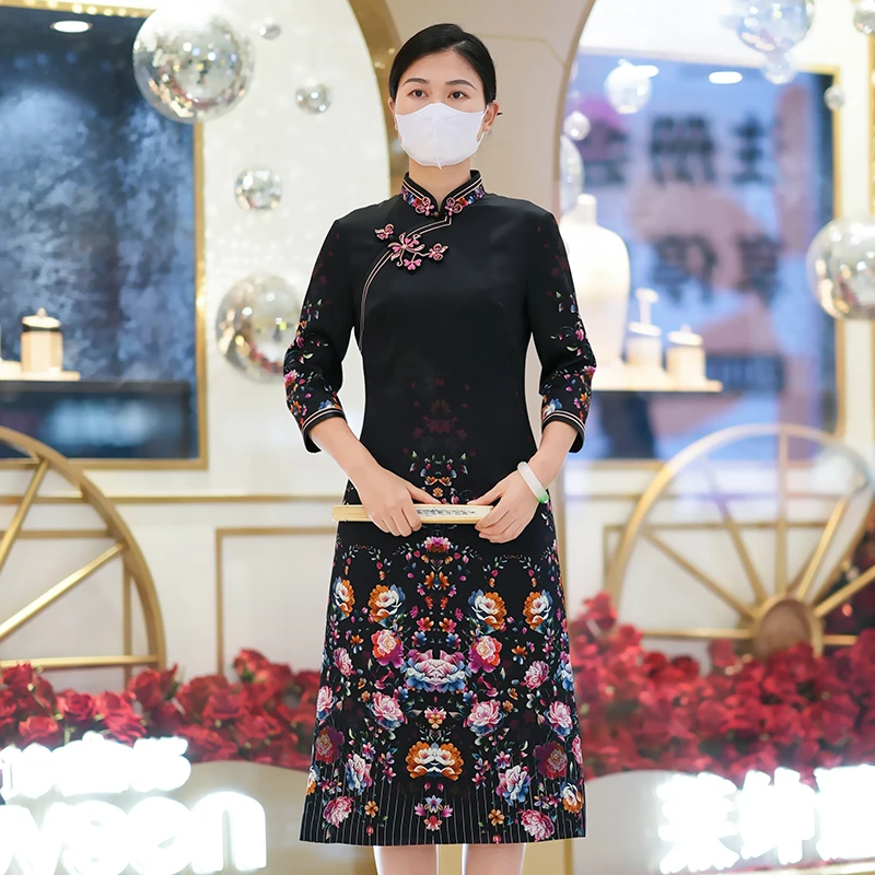 徐永良 53803 重磅桑蚕丝旗袍改良A版气质七分袖高端中国风旗袍裙