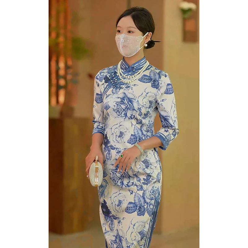 徐永良 53705 中国风旗袍裙气质复古印花修身显瘦日常七分袖春季