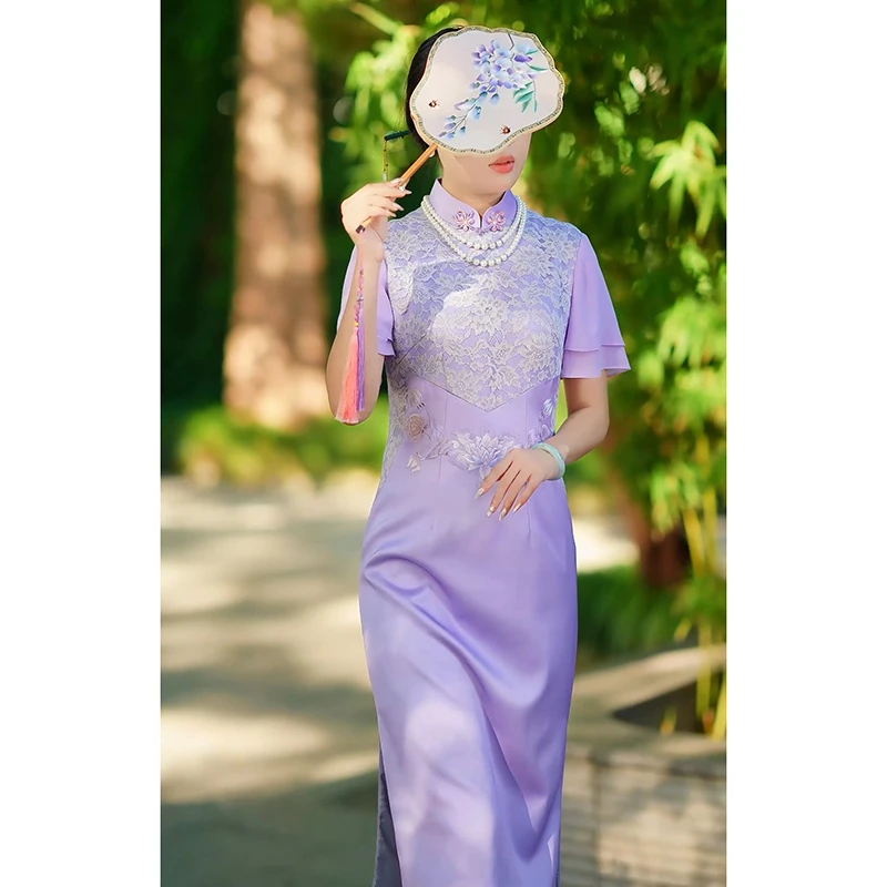 徐永良 56112 手工绣花中国风旗袍改良蕾丝醋酸宴会气质荷叶袖