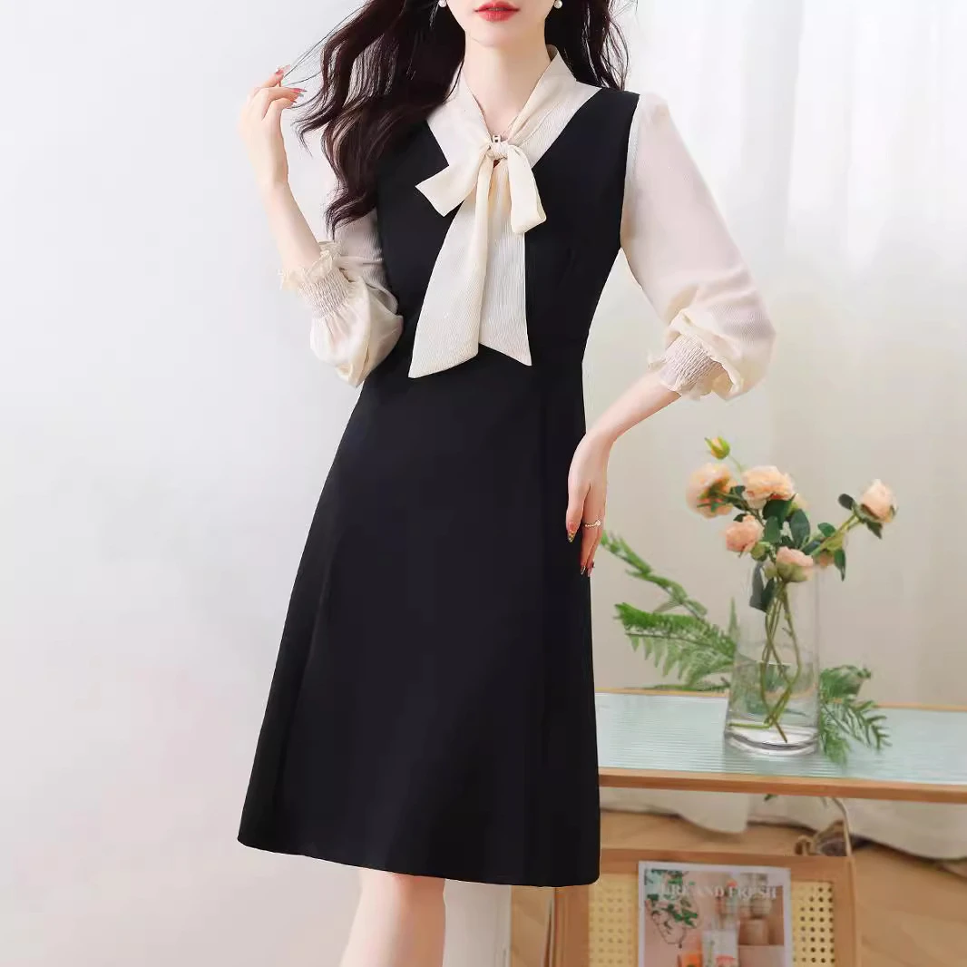 韩版气质法式蝴蝶结连衣裙女洋气新款小香风显瘦百搭通勤中长裙