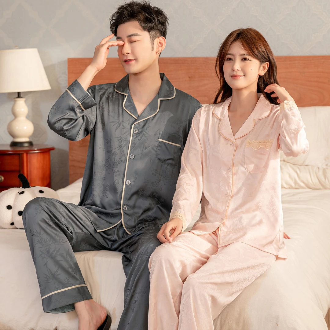 （818#）情侣春秋新款长袖睡衣高端冰雪丝简约时尚宽松薄款家居服
