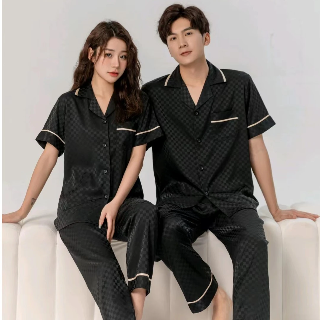 （816#）夏季新款男士棋盘格冰雪丝简约舒适宽松薄款情侣家居服时尚