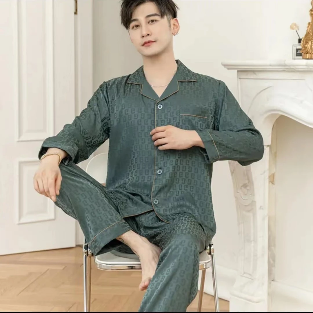 （809#）春夏季新款男士宽松长袖睡衣家居服舒适时尚冰雪丝提花睡衣