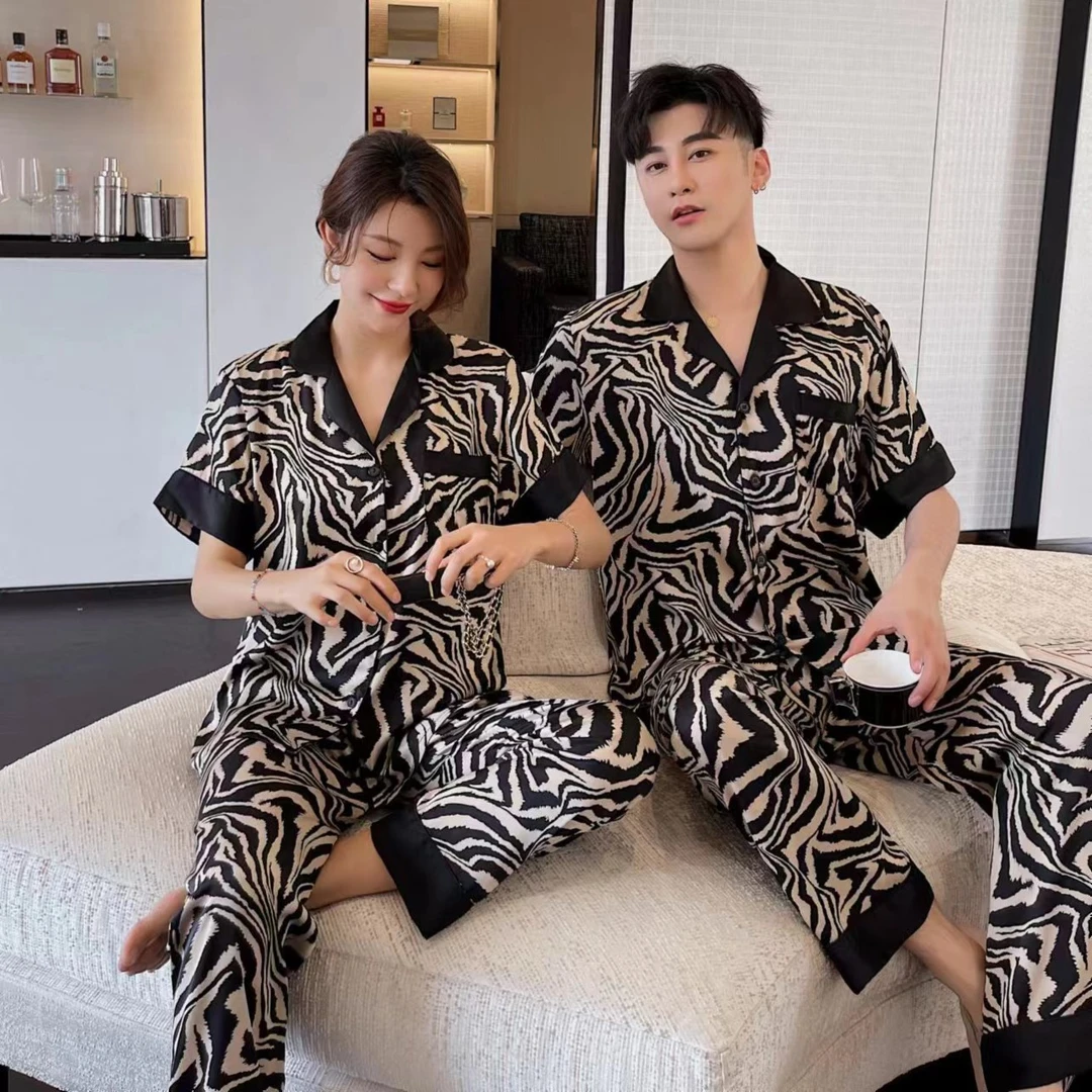 （885#三件套）夏季新款高端冰雪丝斑马纹情侣睡衣薄款豹纹宽松睡衣