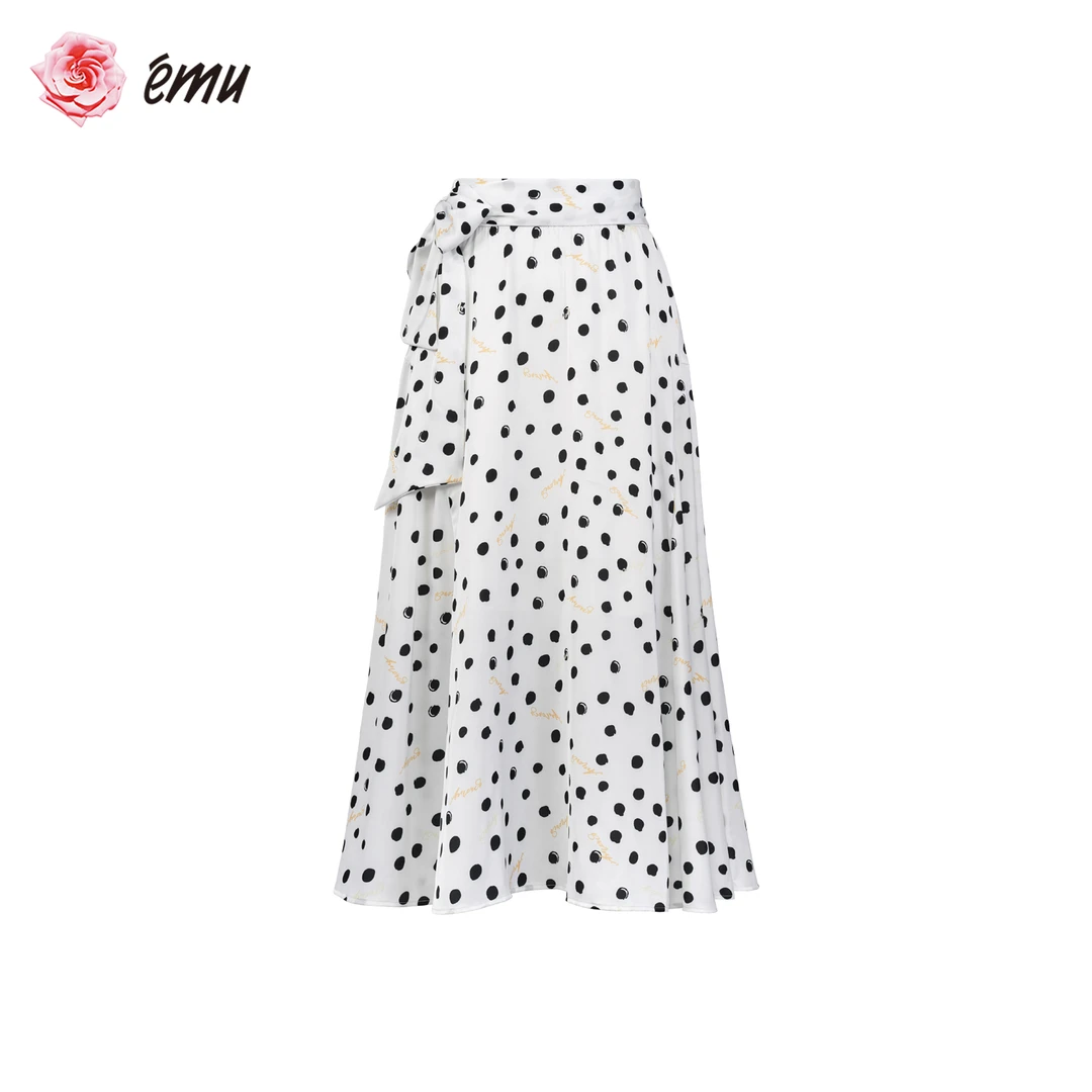 emu/依妙时尚波点印花松紧腰系带气质圆点半裙夏季百搭高腰半身裙