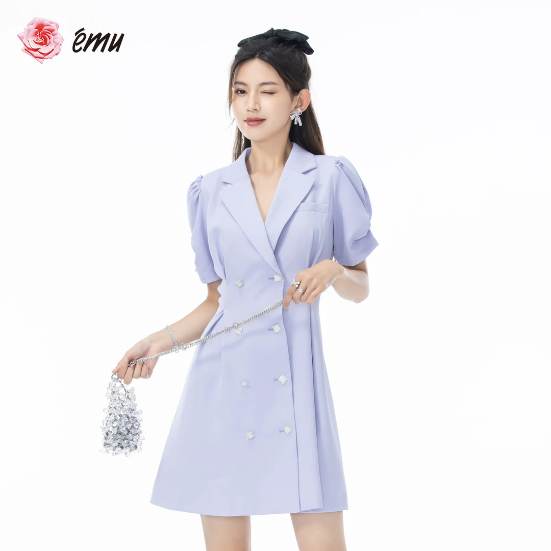 emu/依妙紫色翻领压褶短袖双排扣高腰收腰简约职场西装气质连衣裙
