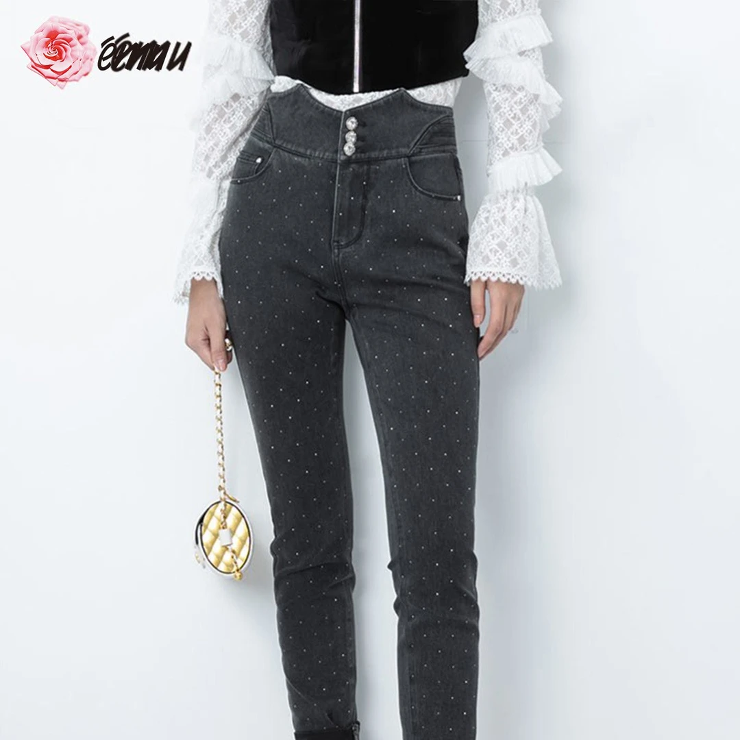 emu/依妙红玫瑰 -气质百搭不规则高腰烫钻小脚牛仔时尚紧身裤女