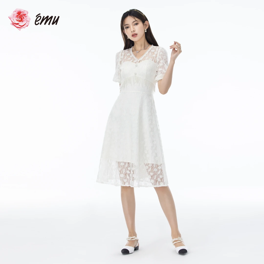 emu/依妙夏季甜美法式显瘦短袖V领蕾丝印花珍珠流苏气质连衣a字裙