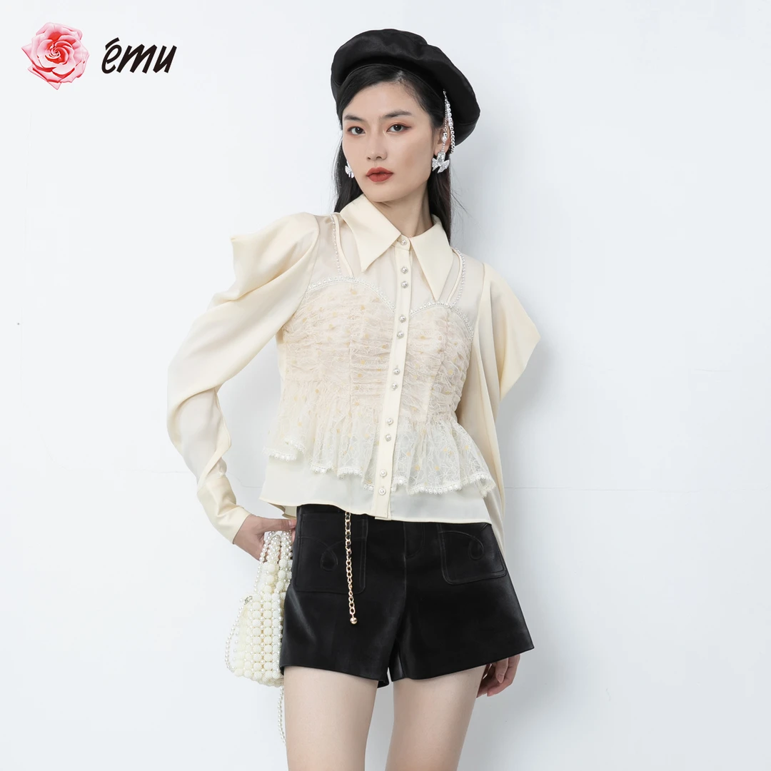 emu/依妙春秋新款时尚气质蕾丝拼接衬衫女秋季外套秋冬白色小香风