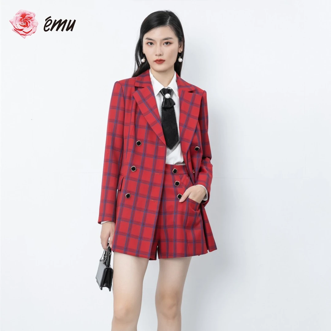emu/依妙【商场同款】红玫瑰 -格纹气质休闲羊毛复古格子西装外套