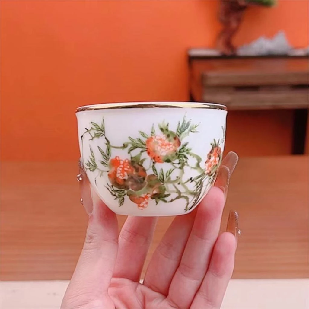 羊脂玉瓷主人杯石榴缸杯多子多福家用陶瓷茶杯功夫茶具