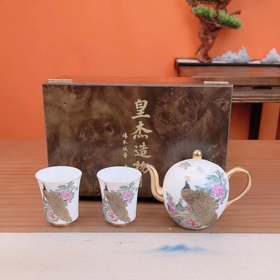 周鸿杰老师美人肩壶风华绝代孔雀描金工艺茶具茶器（配两杯+礼盒）