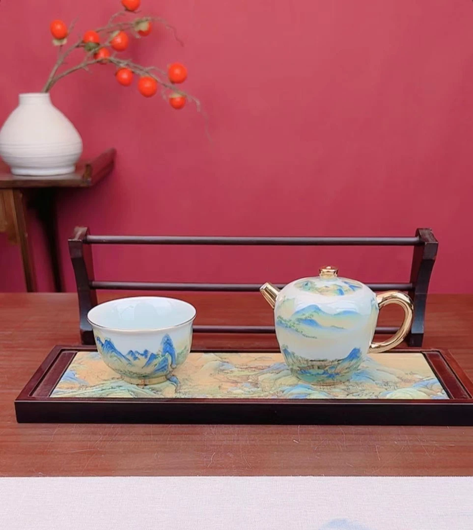 珐琅彩描金千里江山茶壶家用茶具（送杯架+主人杯）