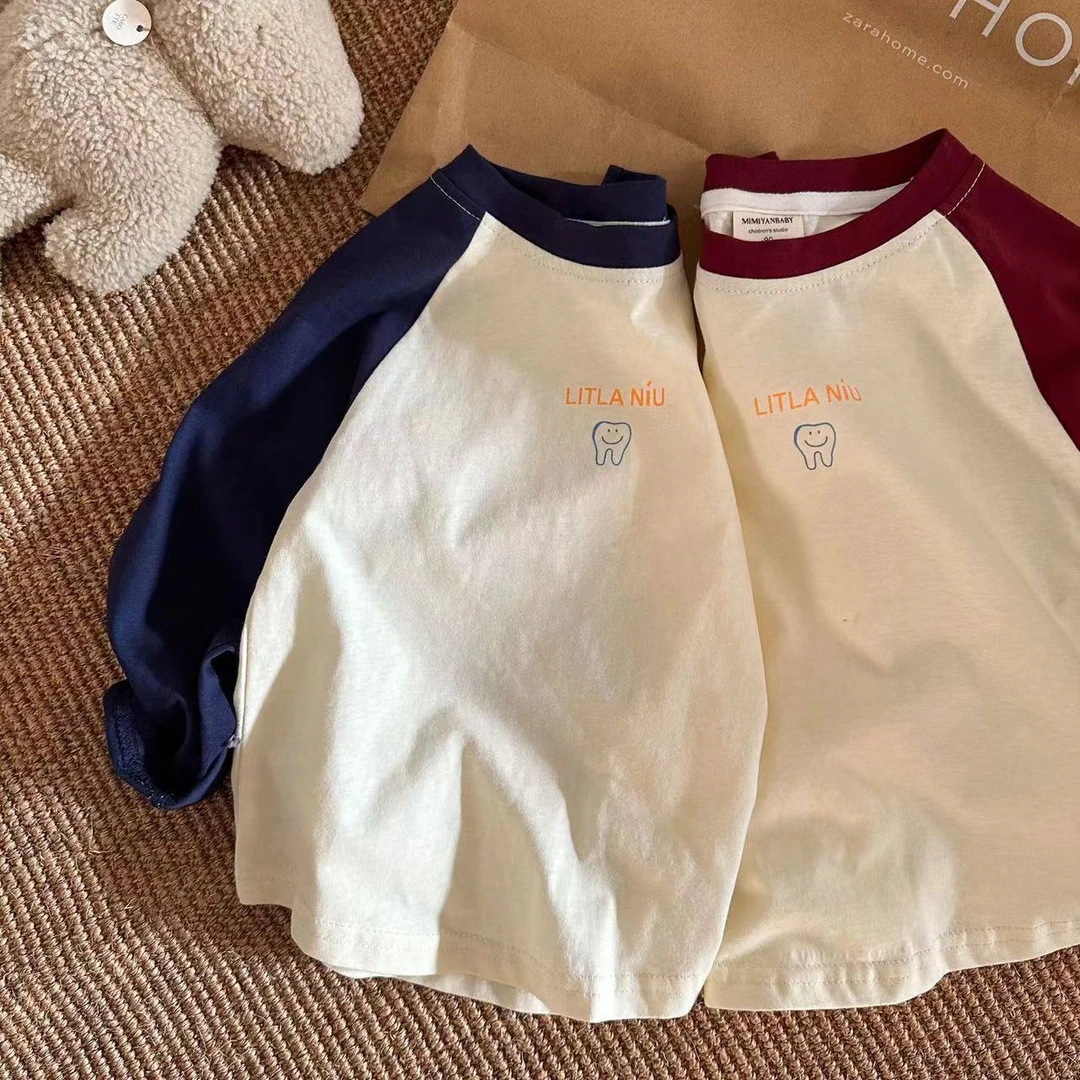 儿童T恤2024秋季新品男女童卡通插肩袖T恤宝宝简约打底衫66066