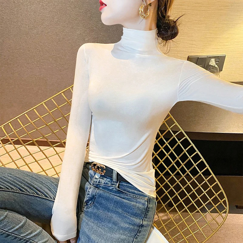 纯色高领打底衫女内搭2025新款秋冬时尚洋气修身白色堆堆领长袖