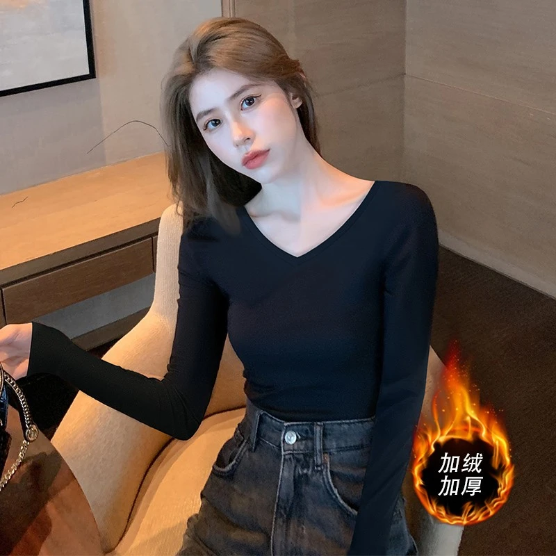 黑色V领打底衫女内搭加绒加厚春2025秋冬长袖棉质T恤洋气上衣ins