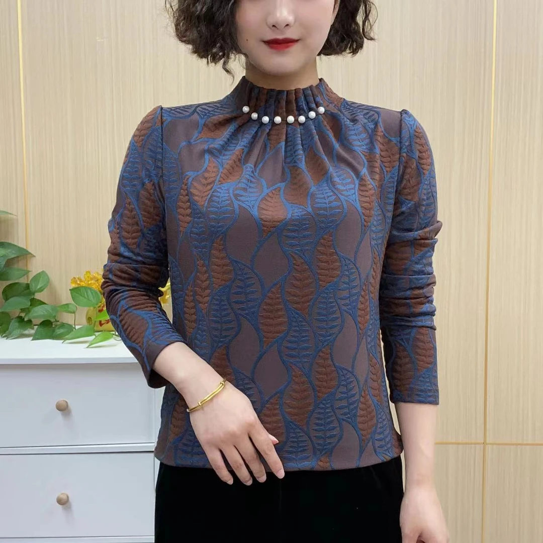 2024秋冬新款印花褶皱钉珠设计感打底衫减龄轻奢女人味妈妈装A555