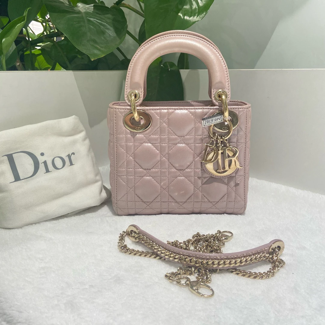99新 Dior/迪奥 三格珠光粉色羊皮金扣手提单肩包 15年序号A0