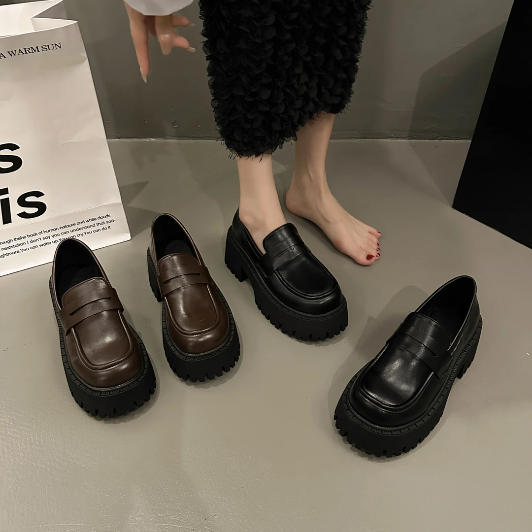 新款增高乐福鞋女款2024春季百搭英伦风韩版时尚小皮鞋厚底一脚蹬