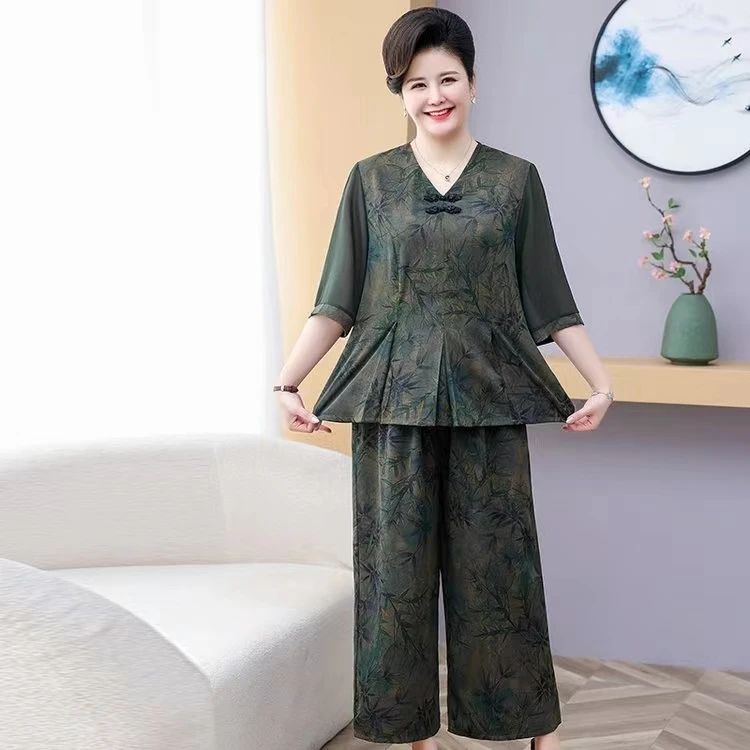 90斤-210斤特大码夏季新款宽松国风中袖套装中老年妈妈装