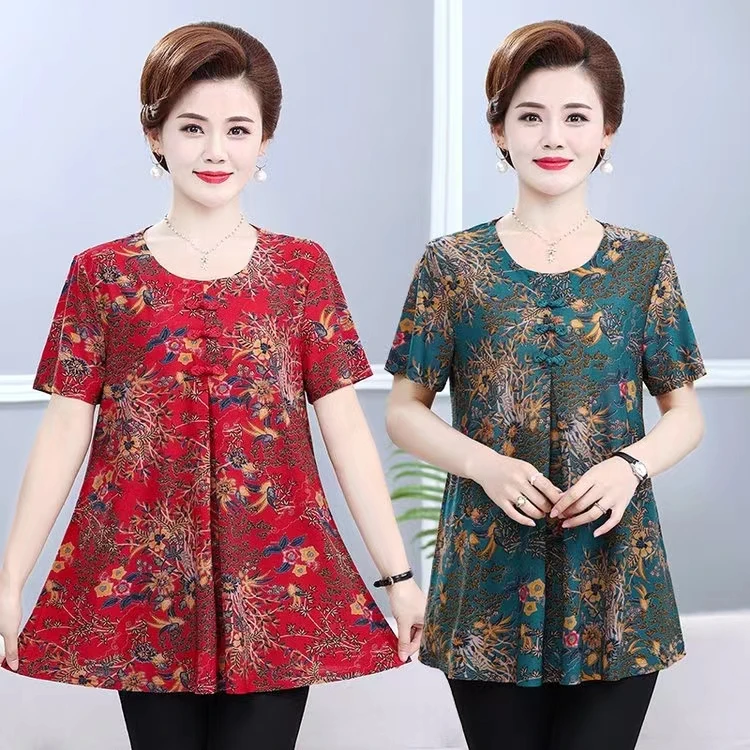 新款胖妈妈夏装短袖加肥加大码上衣中老年洋气小衫