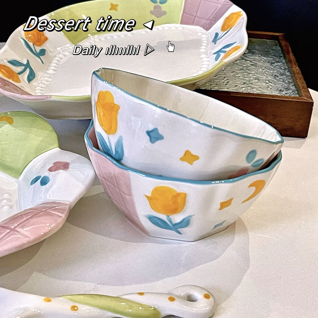 高品质创意手绘花颜悦色陶瓷釉下彩家用可爱米饭碗陶瓷碗