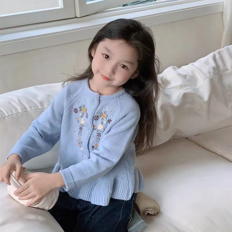 女童绣花毛衣针织开衫外套洋气中小童装长袖女孩儿童宝时尚春秋款
