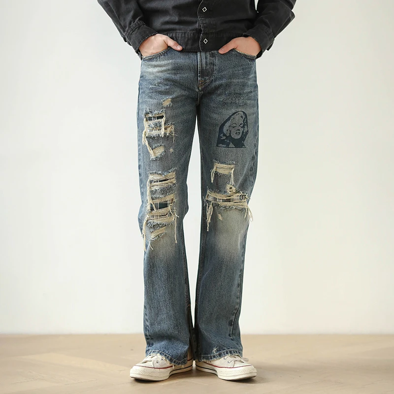 梦露手绘remake破洞diy重工水洗猫须赤耳牛仔微喇叭裤MBBCAR窄幅