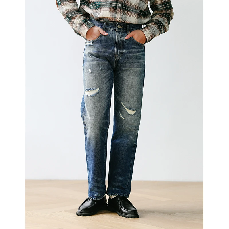 复古破洞手工养牛水洗牛仔裤 重工重磅赤耳丹宁直筒裤 MBBCAR窄幅