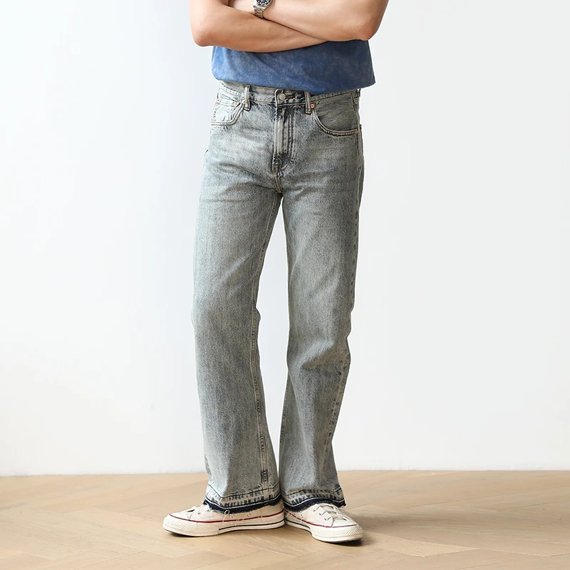 美式高街破坏水洗赤耳丹宁喇叭裤MBBCAR窄幅复古港风微喇牛仔裤男