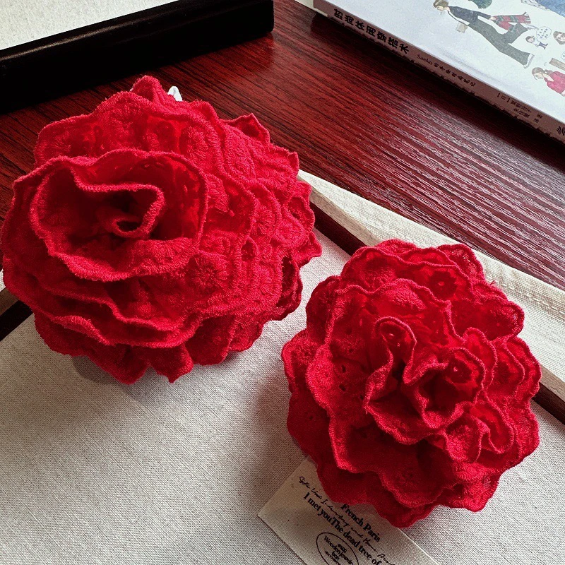 韩国法式复古红色玫瑰花抓夹赫本风洋气时尚蕾丝头花发夹女鸭嘴夹