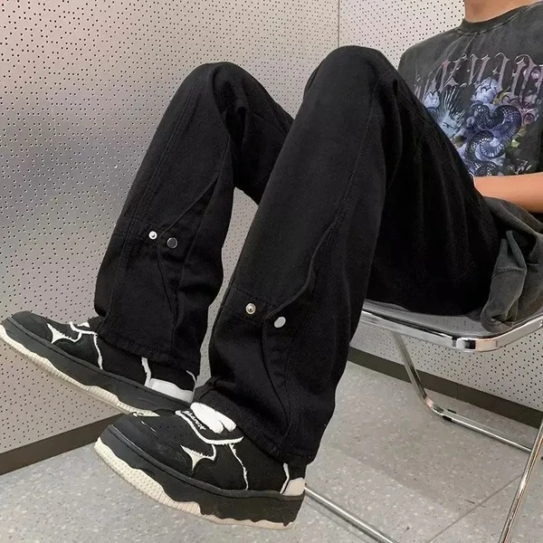 大码复古纽扣设计潮流牛仔裤长裤男装宽松高街嘻哈百搭显瘦阔腿裤