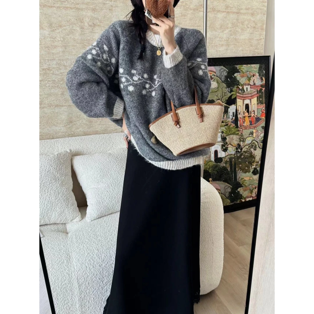 SP【晚枫落叶】浣熊绒毛衣女宽松慵懒风软糯提花针织衫上衣