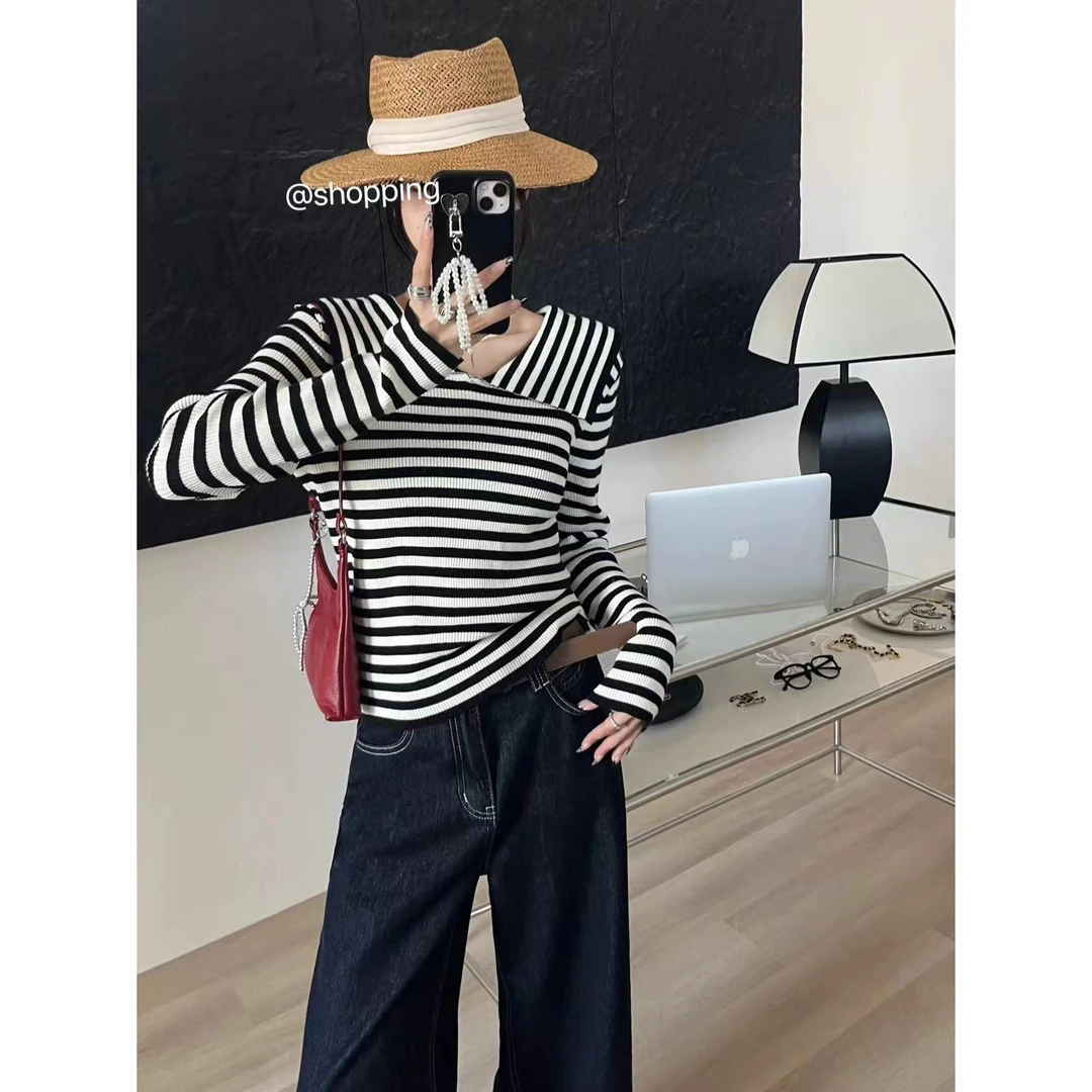 SP 回归线 大翻领多穿修身显瘦长袖针织衫女秋冬新款洋气打底上衣