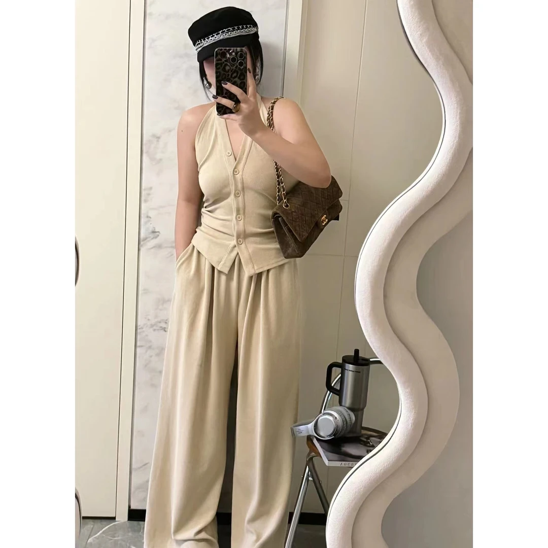 SP超显瘦V领排扣挂脖上衣+垂感显瘦阔腿裤两件套时尚气质套装女秋