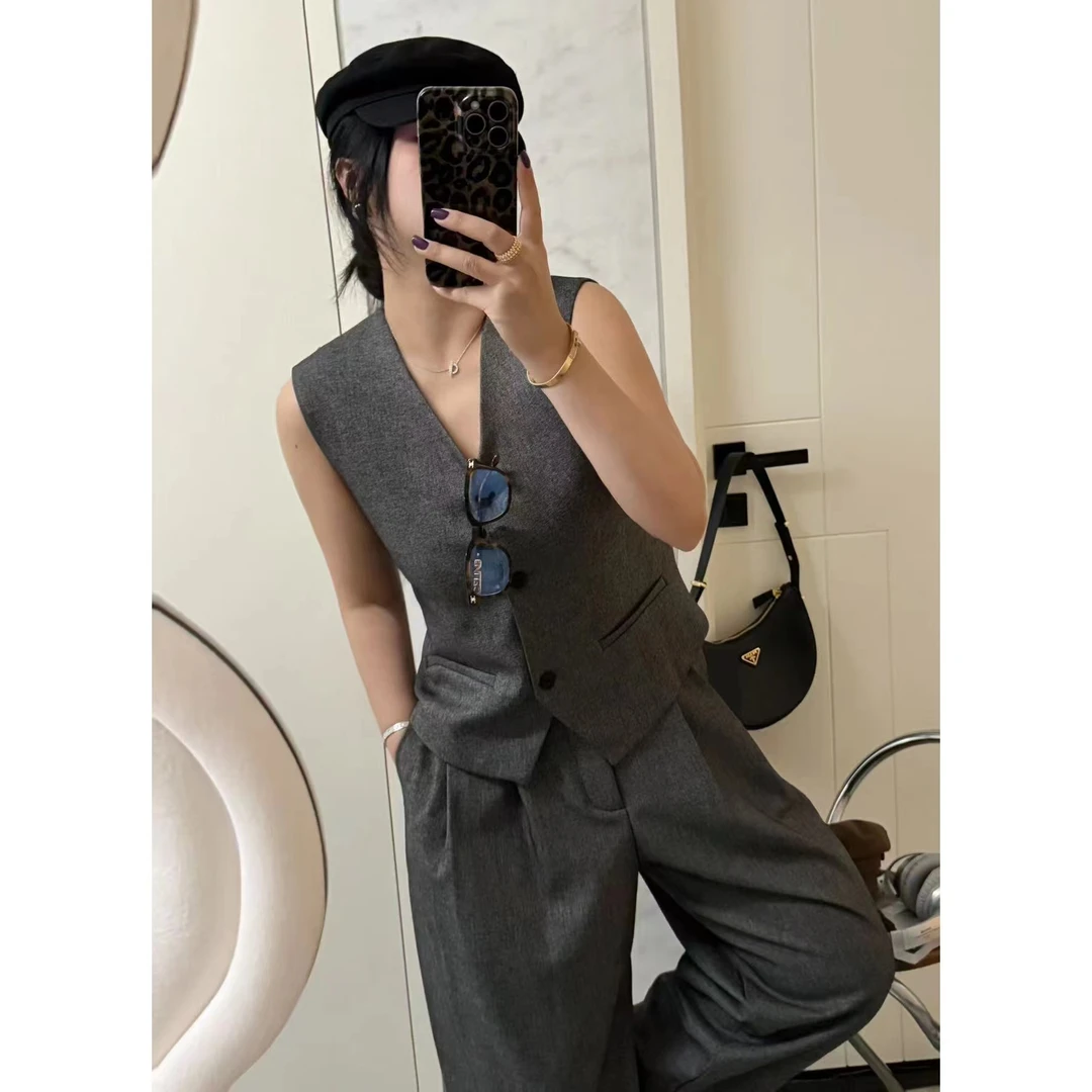 SP精英女神高级感V领西装马甲休闲裤长裤阔腿裤西裤纯色两件套装