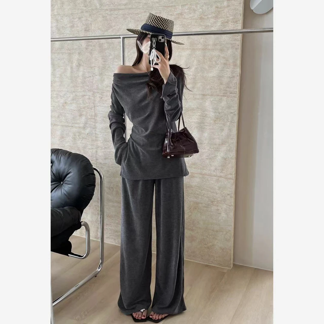 SP 一字肩侧开叉上衣休闲裤两件套装百搭显瘦简约大气高级感套装
