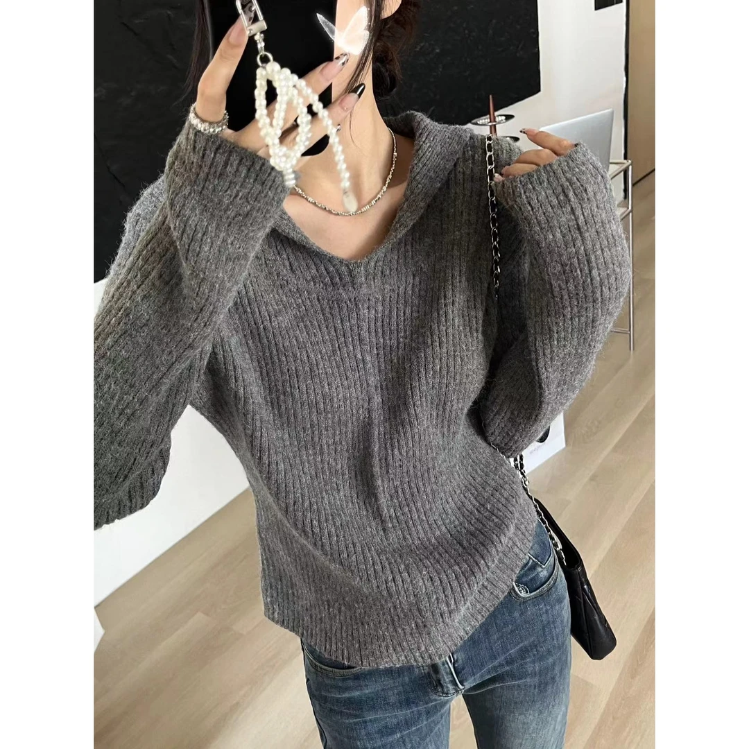 SP高级简约穿搭连帽毛衣设计感慵懒风显瘦针织衫内搭外穿单品毛衣