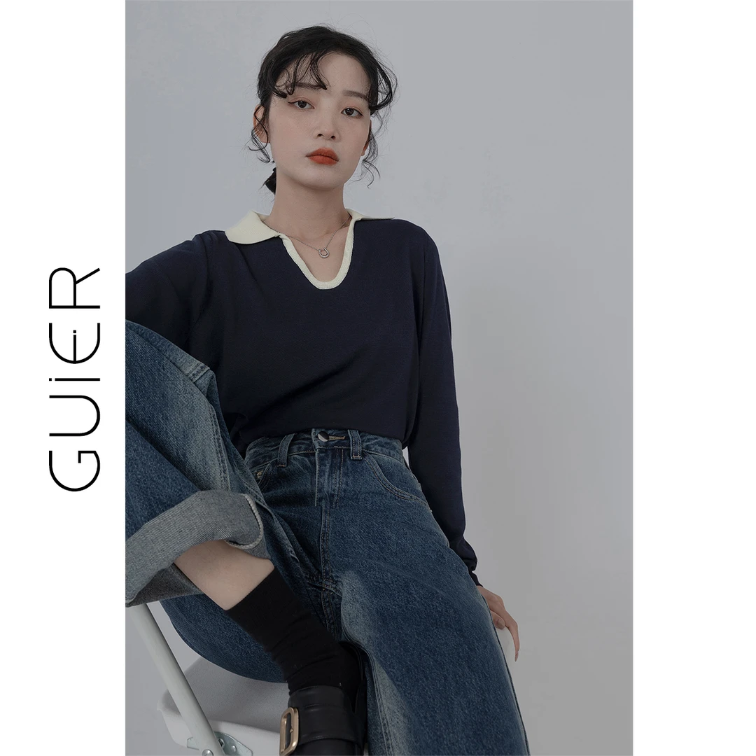 「GUIER」撞色针织衫女2毛衣宽松慵懒风打底上衣20613