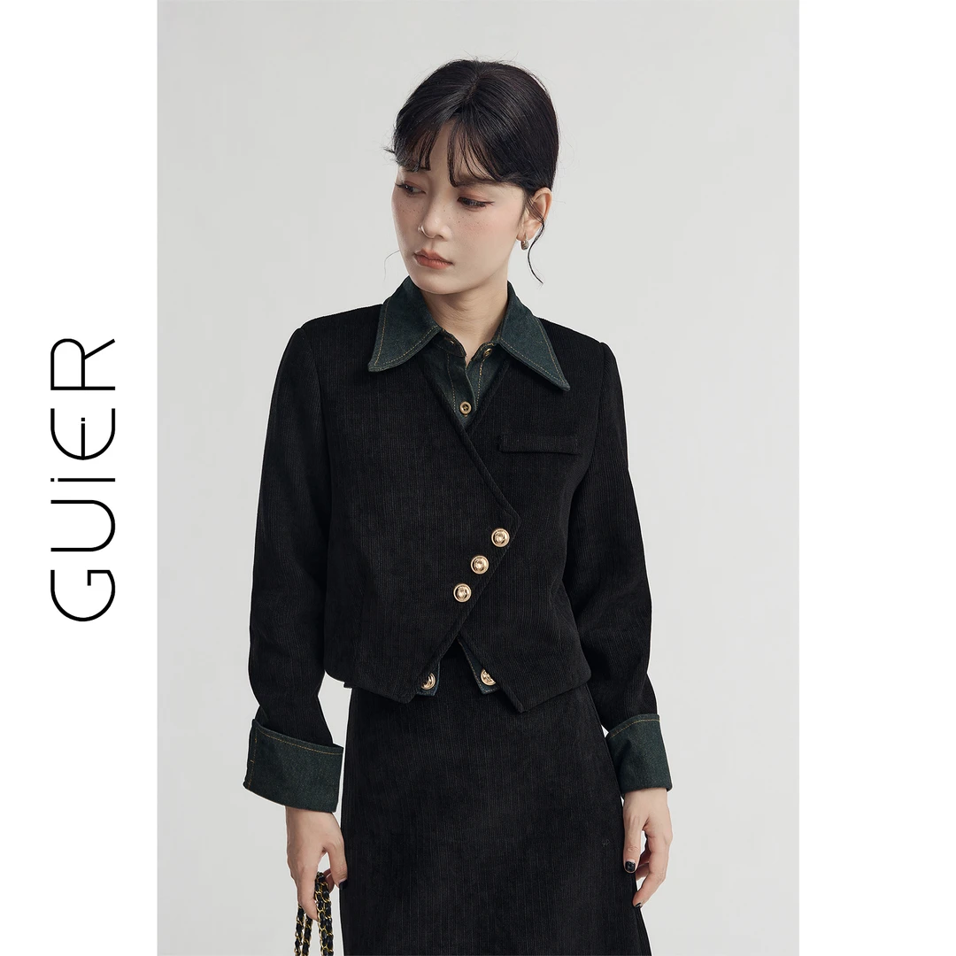 【GUIER】2024新款假两件不规则拼接高级感上衣+a字高腰裙G4057